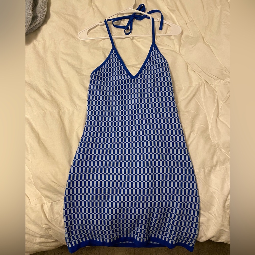 ‘70s-Themed Blue Checkered Bodycon Halter Dress (Size M)